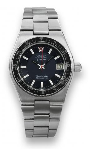 Steel Electronic Seamaster.Omega, Electronic, f 300, Seamaster Chronometer, No. 36899177, Ref. ST 198.0005. Made circa 1975..Fine and rare, tonneau-shaped, center seconds, water-resistant, stainless steel electronic diver