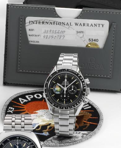 Apollo XIII.Omega, Speedmaster Professional - Apollo XIII - Ex Luna Scientia, No. 819/999, movement No. 48340787.Ref. ST 345.0022. Made in a limited edition of 999 pieces circa 2000..Fine and rare, water-resistant, stainless steel wristwatch with round bu