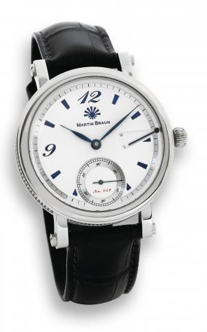 Grande Blue.Martin Braun, Grande Blue CP, No. 059/100. Made.in a limited edition of 100 pieces circa 2004..Fine, water-resistant, stainless steel wristwatch with winding/.setting indicator and a stainless steel Martin Braun buckle..Accompanied by a fitted