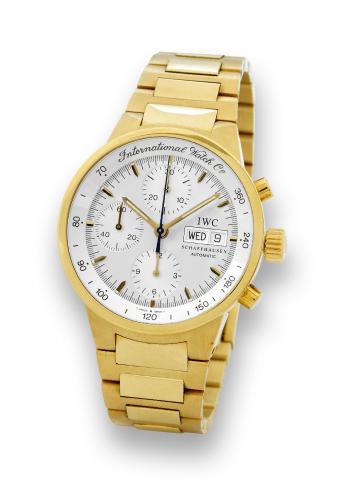 GST Chrono.International Watch Co., Schaffhausen, GST Chrono.Automatic, case No. 2658703, Ref. 9277. Made in the.early 2000s..Fine, self-winding, water-resistant, 18K yellow gold wristwatch.with day and date, round-button chronograph, registers.tachometer