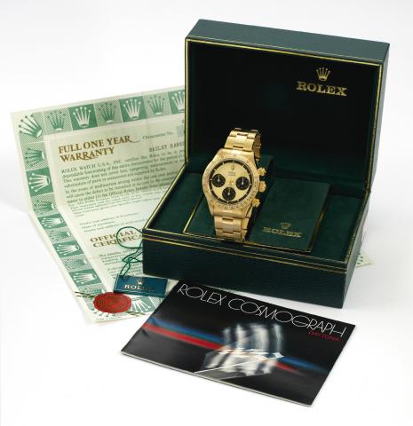 Paul Newman Ref. 6265.Yellow Gold Cosmograph Daytona.Rolex, Oyster, Cosmograph Daytona, Ref. 6265/6263..Made circa 1980..Very fine and rare, water-resistant, 18K yellow gold.wristwatch with round button chronograph, registers.yellow gold bezel with tachom