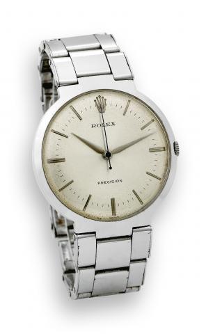 Rolex Ref. 9083 Steel Precision.Rolex, Precision, Ref. No. 9083. Made in the.1960s..Fine, center seconds, stainless steel wristwatch with an.integral stainless steel Rolex Oyster bracelet.