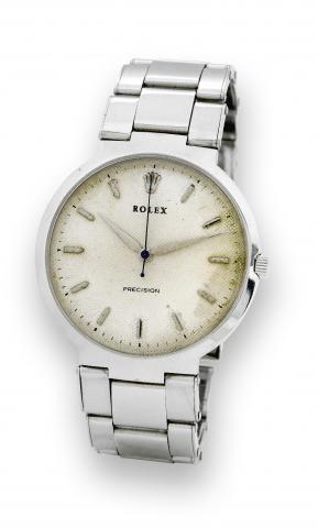 Rolex Ref. 9085 Steel Precision.Rolex, Precision, Ref. No. 9085. Made in the.1960's..Fine, center seconds, stainless steel wristwatch with an.integral stainless steel Rolex Oyster bracelet.