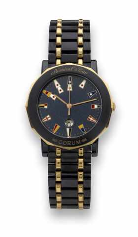 Corum Admiral's Cup.Corum Admiral's Cup, Ref. 99.430.31 V 585. Made in.the 1990's..Fine, dodecagonal, center seconds, water-resistant, ceramic.and 18K yellow gold quartz wristwatch with date and an.integral ceramic and 18K yellow gold Corum link bracelet.