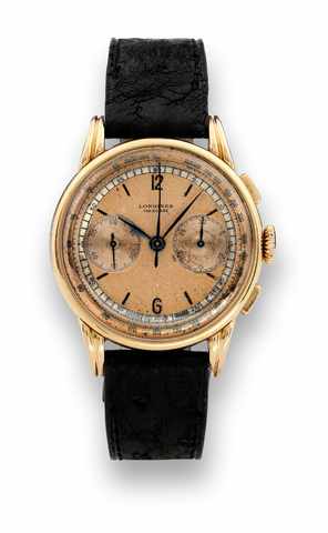 Longines pink gold chronograph.Longines, No. 7797357. Made in the late 1940's..Fine and rare, 18K pink gold wristwatch with square button chronograph, register and tachometer.