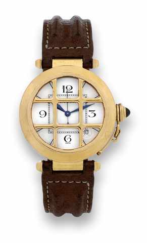 CARTIER PASHA-GRILL.Cartier, case No. 8209028, Ref. 1987. Made in the 1990's..Fine center-seconds, self-winding, water-resistant, 18K yellow.gold wristwatch with date and an 18K yellow gold Cartier.clasp..To be sold without reserve