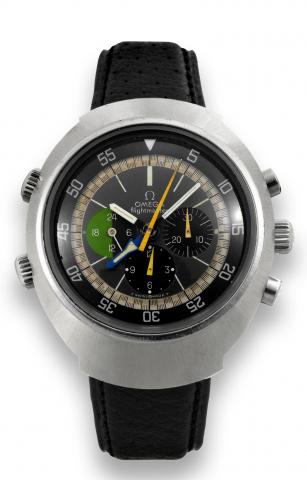 Omega Flightmaster, First.Generation.Omega, Flightmaster, Ref. ST 145.013..Made in the early 1970's..Fine and rare, tonneau-shaped, two time.zone, water-resistant, stainless steel.aviator's wristwatch with 4 hands and.3 crowns, round button chronograph.12