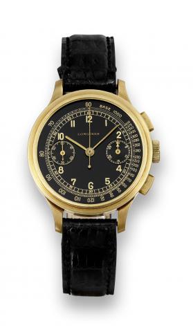 Longines Cal. 13ZN, Retour en Vol.Longines, movement and case No. 5827517. Made.circa 1940..Very fine and rare, 14K yellow gold wristwatch with square.button fly-back chronograph, instantaneous 30-minute.register and tachometer.