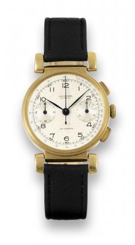 Universal Uni-Compax.Universal, Geneve, Uni-Compax, case No. 571661. Made in.the 1930's..Fine, 18K yellow gold wristwatch with square button.chronograph, register and tachometer scale.