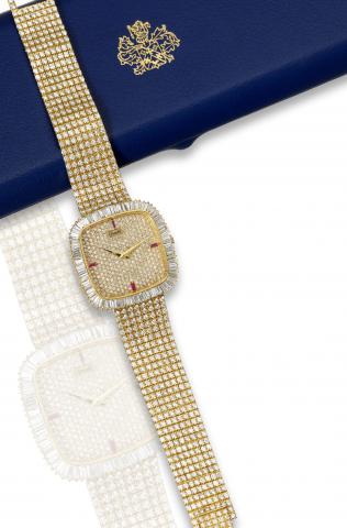 Piaget Diamonds & rubies.Piaget, movement No. 788986, case No. 314309, Ref. 12772..Made circa 1982, special order, probably unique piece..Very fine, important and elegant, cushion-shaped, 18K yellow.gold, diamond and ruby wristwatch with an 18K yellow gol