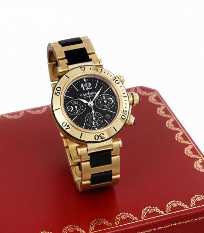 Cartier Pasha Seatimer Chronograph XL.Cartier, Pasha Seatimer Chronograph XL, Automatic, case No. 114385MX, Ref. 3027. Sold on December, 2007..Fine, self-winding, water-resistant, large, 18K yellow gold diver