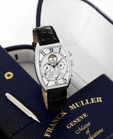 Franck Muller Platinum Retrograde.Perpetual Calendar Equation of Time.Franck Muller, Geneve, Master of Complications, Perpetual.Calendar, Equation of Time, Automatic, No. 10, Ref. 76850.CC QP E. Sold on December 22nd, 2008..Very fine and rare, astronomic,
