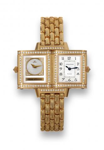 Jaeger-LeCoultre Reverso Duetto.Joaillerie.Jaeger-LeCoultre, Reverso Duetto Joaillerie, No. 1964418.Ref. 266.922.448. Sold on March 20, 2002..Fine and elegant, rectangular, 18K pink gold and diamond.lady's reversible double-dial wristwatch with an 18K pin