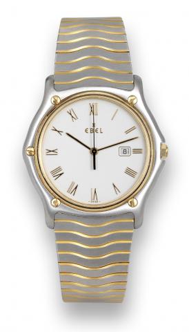 Ebel Steel & Gold Classic.Wave.Ebel, No. 183903, Ref. 14667745. Made.in the 1990s..Fine, water resistant, stainless steel and.yellow gold quartz wristwatch with date.and a stainless steel Ebel link bracelet.with deployant clasp..To be sold without reserve