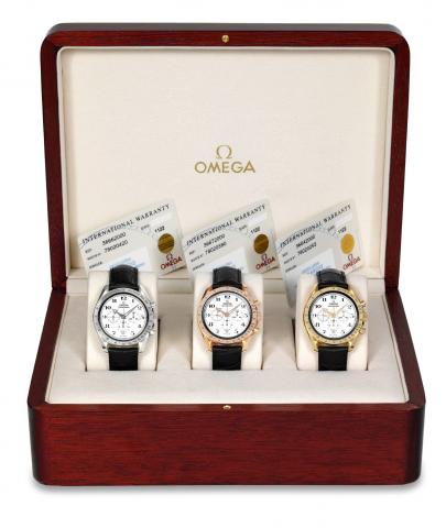 Omega Gold Broad Arrow Set.Omega, Speedmaster Enamel Limited Series. Nos. 2/9. Made in a limited edition of 9 sets in 2001..Very fine and rare set of three, self-winding, water-resistant wristwatches, comprising one each in 18K yellow, pink and white gold