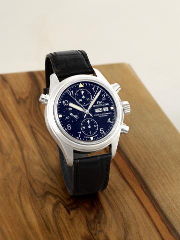IWC Der Doppelchronograph.IWC, (International Watch Co.), Schaffhausen, Der Doppelchronograph, No. 12, case No. 2563262, Ref. 3713. Made in a limited.edition in the 1990s..Very fine and rare, heavy, self-winding, water resistant, platinum wristwatch with 