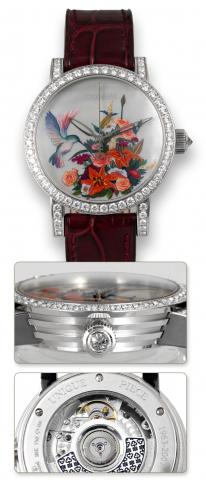 Corum Classical Garden Bird _ Piece Unique.Corum, Classical Garden Bird, Piece Unique, No. 1757019, Ref. 982.102.69..Sold on September 28, 2007..Extremely fine and unique, 18K white gold and diamond-set, self-winding, waterresistant.wristwatch with hand-p