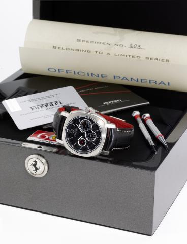 Panerai Fer 00015, Perpetual Calendar.Ferrari, Engineered by Officine Panerai, Perpetual calendar.No. FB 203/247, case No. BB 1261205, Ref. F6719. Made in.a limited series of 247 examples to commemorate the 60th.anniversary of Ferrari in 2007. Accompanied