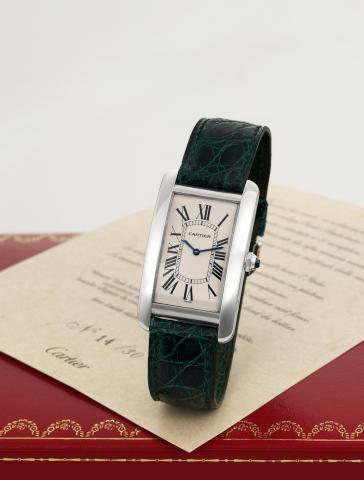 Cartier Platinum Tank Am_ricaine _ Special Limited Edition for Italy.Cartier, Tank Am_ricaine, No. 14/30, Ref. 1734D. Made in a limited edition of 30 pieces for sale in Italy, circa 2000..Very fine and very rare, large, rectangular curved, water-resistant