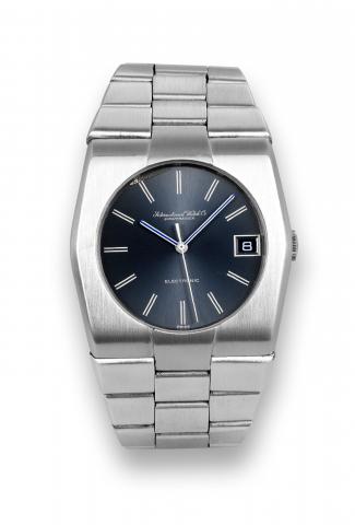 International Watch Co. Electronic.IWC, International Watch Co., Schaffhausen, Quartz Electronic.movement No. 2182480, No. 2079418, Ref. 3403. Made in the 1970s..Fine, center-seconds, hexagonal, stainless steel quartz wristwatch with.date and an integral 