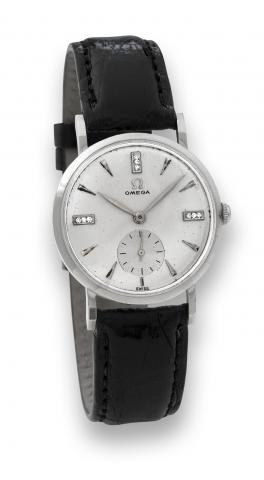 Omega White Gold.Omega, D 17491, Ref. N 6555. Made in the 1960s..Fine and very rare, 14K white gold wristwatch with a stainless.steel Omega buckle.