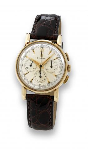 OMEGA CHRONOGRAPH REF.3429.Omega, Swiss. Case No.11096228, made in the 1950s.Fine 14K yellow gold wristwatch with chronograph.tachometer, 30 minute and 12 hour registers, and a 14K.yellow gold plated Omega buckle.