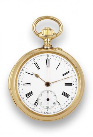 B. Poitevin Quarter Repeating & Chronograph.B. Poitevin, No. 39662. Made circa 1890..Fine, 18K yellow gold, quarter-repeating, keyless pocket watch with chronograph.