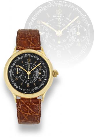 Rolex Ref. 2020, Single Button.Chronograph.Rolex, Single Button Chronograph , case No. 11439.Ref. 2020. Made in the 1930s..Very fine and equally rare, large, 18K yellow gold wristwatch.with co-axial button chronograph, register, tachometer.telemeter and a