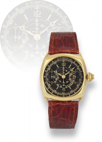 Rolex Ref. 2022, Single Button.Chronograph.Rolex, Single Button Chronograph, Ref. 2022. Made in.the 1930s..Very fine and equally rare, tonneau shaped, 18K yellow.gold wristwatch with co-axial button chronograph, register.tachometer, telemeter and a gold p