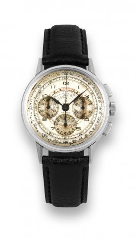 Omega Chronograph.Omega, movement No. 10389627, Ref. ST 2279-2. Made.circa 1945..Fine and rare, stainless steel wristwatch with square button.chronograph, 12-hour and 30-minute registers, tachometer.and telemeter.