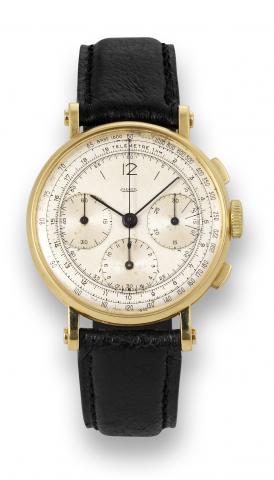 Jaeger, Chronograph, case.No. 89105. Made in the 1940s..Fine, rare and large, 18K yellow gold wristwatch.with officer case and square button chronograph, registers.telemeter and tachometer with an 18K.yellow gold Jaeger LeCoultre buckle. Accompanied by a 