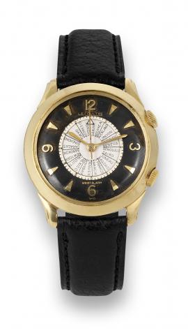 LeCoultre Memovox.World Time.LeCoultre, Memovox Wrist Alarm.movement No. 1505640, case.No. 2570946. Made in the 1950s..Fine, center-seconds, self-winding.water-resistant, 10K gold-filled, world.time wristwatch with alarm and 2 crowns.
