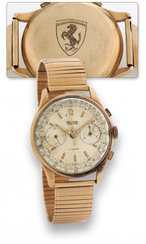 Vetta for Ferrari.Vetta, Suisse, case No. 204441, Ref. 271127. Made in.the 1950s..Fine, rare and large 18K pink gold wristwatch with square.button chronograph, register, tachometer and telemeter..Accompanied by an 18k pink gold bracelet.