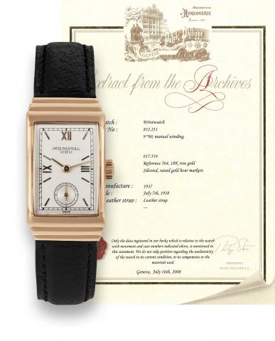 Patek Philippe Ref. 564.One of only two know examples in rose gold.Patek Philippe & Co., Geneve, movement No. 832231, case.No. 617334, Ref. 564. Made in 1937, sold on July 7, 1938..Very fine and extremely rare, rectangular curved, 18K pink.gold, Art Deco 