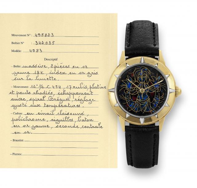 Vacheron & Constantin The Mermaid.Vacheron & Constantin, Geneve, movement No. 495823, case No. 342035, Ref. 4983..Made in 1953..Very fine and equally rare, indirect center seconds, 18K yellow and white gold.wristwatch with polychrome cloisonn_ enamel dial