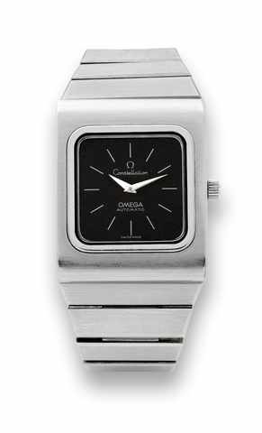 Omega Steel Constellation.Omega, Constellation Automatic, No. 36987191, Ref..155.0021 / 355.0814. Production of this model started in.1975..Fine, rectangular, self-winding, stainless steel wristwatch with.an integral stainless steel Omega link bracelet an
