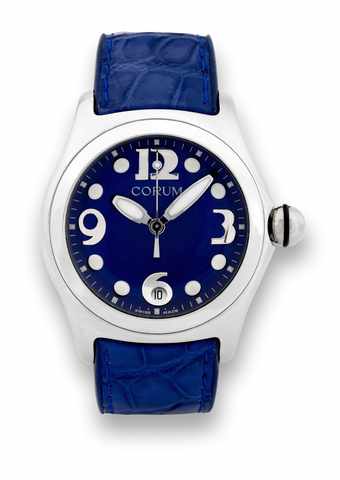 Bubble Boutique Corum.Corum, case No. 693378, Ref. 163.150.20. Made circa 2000..Fine and unusual, center seconds, water-resistant, curved.stainless steel quartz wristwatch with date, thick domed.crystal creating a lens effect, and a stainless steel Corum.