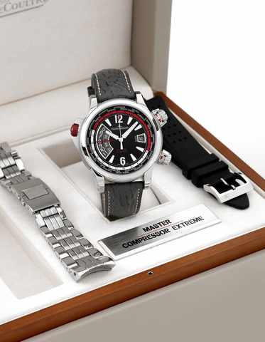 Jaeger-LeCoultre Extreme World Alarm.Jaeger-LeCoultre, Master Compressor - Extreme World.Alarm, case No. 2541132, Ref. 150.8.42. Made circa 2008.sold on April 4, 2008..Fine oversized, self-winding, water-resistant, world time.stainless steel wristwatch wi