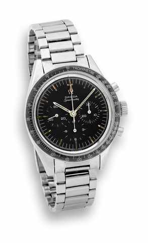 Omega Speedmaster _ Cal. 321.Omega, Speedmaster, movement No. 19834199.Ref. 105.002-62. Made in the 1960s..Fine and rare, water-resistant, stainless steel wristwatch with.round button chronograph, registers, tachometer and a.stainless steel Omega link bra