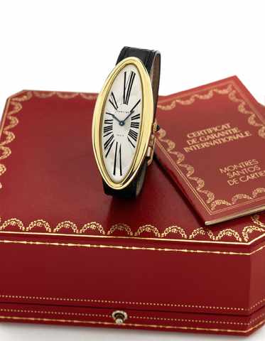 Cartier Jumbo Baignoire Allong_e.Cartier, Paris, Baignoire Allong_e, No. A 108238.Ref. 242-91. Made in 1994, sold December 10th, 1995..Very fine and unusual, oversized, oval, curved 18K yellow.gold wristwatch with an 18K yellow gold Cartier deployant.clas