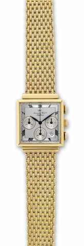 IWC Ref. 3737 Quartz Chronograph.International Watch Co., Schaffhausen, No. 2489903.case No. 2420059, Ref. 3737. Made in the 1990s..Fine, square, 18K yellow gold quartz wristwatch with.date, oval button chronograph, registers and an integral.18K yellow go
