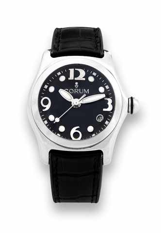 Corum Bubble.Corum, Bubble, case No. 744648, Ref. 39.150.20. Made.circa 2002..Fine and unusual, center seconds, water-resistant, stainless.steel midsize quartz wristwatch with date, thick domed.crystal creating a lens effect, and a stainless steel Corum.d