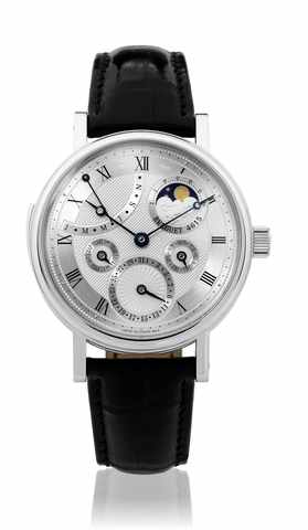 Breguet - perpetual calendar - repeater.Breguet, No. 4615 W, movement No. 6128, Ref. 5447. Made circa 2006..Extremely fine and rare, astronomic, minute-repeating, platinum wristwatch with perpetual calendar.retrograde months, phases and age of the moon an