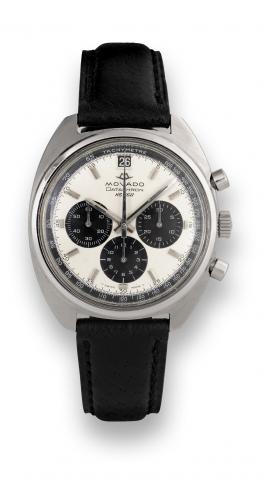 Movado Datron HS 360.Movado, Datron HS 360, case No. 382.Ref. 434 - 705 - 502. Made in the 1970s..Fine, tonneau-shaped, self-winding.water-resistant stainless steel wristwatch.with round button chronograph.registers, tachometer and date..To be sold withou