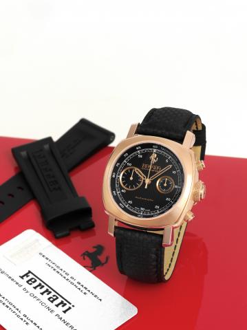 Granturismo Chronograph.Ferrari - Engineered by Officine Panerai, Ferrari -.Granturismo Chronograph, Automatic, No. FA003/300, case.No. BB1218059, Ref. F 6663. Made in a limited edition of 300.pieces in 2006. Sold on March 20th, 2007..Fine and rare, overs