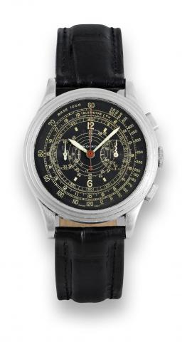 Movado, Chronograph, case.No. 96145, Ref. 19005. Made in the.1940s..Fine and rare, stainless steel wristwatch.square button chronograph, register and.telemeter, tachometer scales..To be sold without reserve