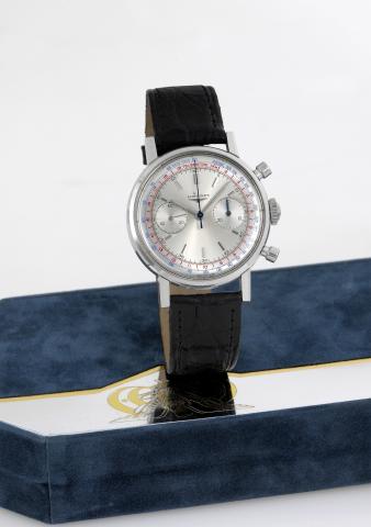 Longines Caliber 30CH Steel Fly-Back.Chronograph.Longines, Chronograph, movement No. 4638477, case.No. 7413 9. Made in the 1950s..Fine and rare, water resistant, antimagnetic stainless steel.wristwatch with round button fly-back chronograph, register.tach