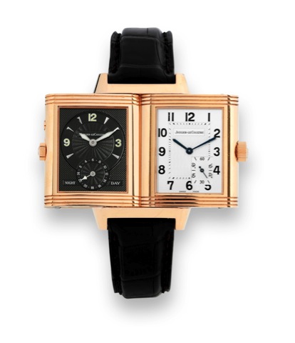 Jaeger-LeCoultre Pink Gold Night-Day.Jaeger-LeCoultre, Reverso - Duo Face Night-Day, case No. 1868887, Ref. 270.2.54. Made in 1999..Very fine, rectangular, 2 individually adjustable time zones, double-dial, 18K pink gold reversible wristwatch with an 18K 