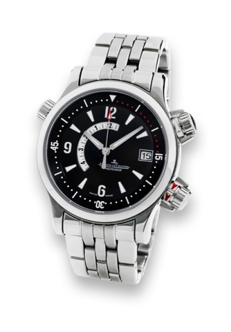 Jaeger-LeCoultre Master Comp ress or.Memovox 1000 Hours.Jaeger-LeCoultre, No. 5587, Ref. 146.8.97/1. Made.circa 2003..Very fine, large, center seconds, self-winding, water-resistant.stainless steel wristwatch with mechanical alarm, date, three.crowns and 