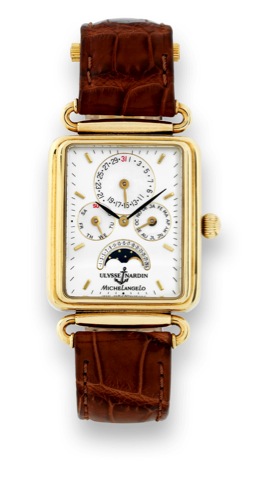 ULYSSE NARDIN MICHELANGELO.Ulysse Nardin, Locle, Suisse, Ref. 161-42, No.5739..Michelangelo Triple Calendar. Made in the 1980s.Fine, astronomic, self-winding, water-resistant, rectangular.18K yellow gold wristwatch with, triple date calendar.age and phase